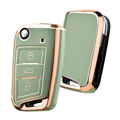 Image of OATSBASF Car Key Cover for VW Golf 7 Box/Key Case VW, Polo, Skoda, Seat, 3 Buttons (Golden Edge Green)