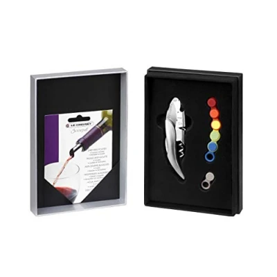 Image of Le Creuset Wine Accessories Gift Set incl. 2 Step Corkscrew, 5 Washable Drip Free Spouts and 6 Silicone Glass Markers, GS 142 Model, Shiny Grey with Purple LC Pack, 59212024707061