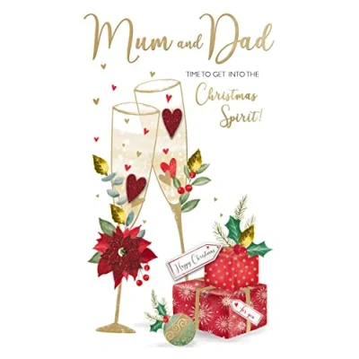 Image of Mum &amp; Dad Xmas Spirit Embellished Christmas Card Hand Finished Champagne Cards XCDC392
