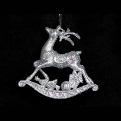 Image of Gisela Graham Silver Glitter Acrylic Rocking Reindeer Hanging Christmas Tree Decoration