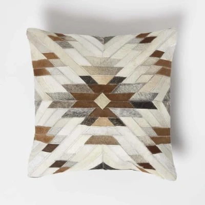 Image of HOMESCAPES Cream &amp; Brown Leather Cushion 45 x cm Geometric Star With Suede Reverse Real Modern Accent Pillow for Sofa Insert Included