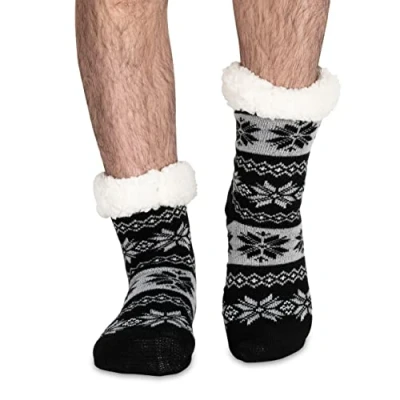 Image of Polar Mens Slipper Socks Soft Fleece Lined With Sole Grips Gift Packaging Snuggly Present For Him Insulated Warm Fluffy Sherpa Lining Thermal House Black/L.Grey UK8/9