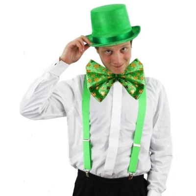 Image of ST PATRICKS DAY IRISH FANCY DRESS COSTUME SET HAT + GIANT SHAMROCK BOWTIE GREEN BRACES IRELAND LEPRECHAUN (SATIN TOP HAT)