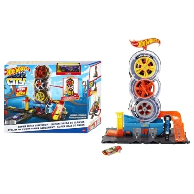 Image of Hot Wheels City Super Twist Tire Shop Playset, Spin the Key to Make Cars Travel Through Tires, Includes 1 Car, Gift for Kids 4 8 Years Old, HDP02