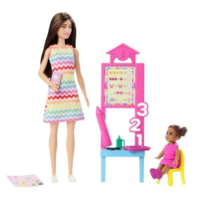 Image of Barbie Teacher Doll with Brunette Fashion Printed Dress, 1 Toddler Doll, &amp; Teaching Accessories, JCR76