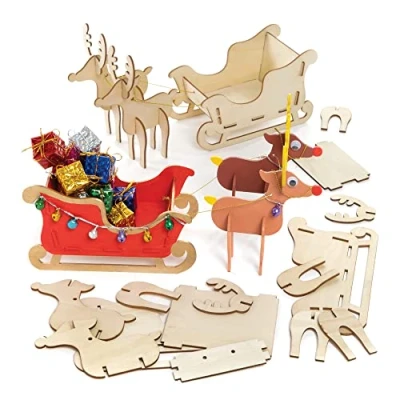 Image of Baker Ross FE852 Wooden Reindeer and Sleigh Kits Pack of 2, Crafts for Children to Decorate Display, Make Your Own Christmas Decorations, Gold