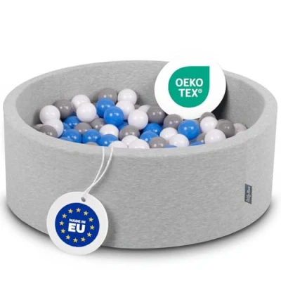 Image of KiddyMoon 90X30cm/200 Balls ∅ 7Cm / 2.75In Baby Foam Ball Pit Made In EU, Light Grey:Grey/White/Blue