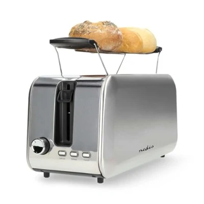 Image of Nedis 2 Slice Toaster with Extra Long Slots, Bun Warming Rack, 7 Browning Settings, Defrost, Reheat and Cancel, 1450W