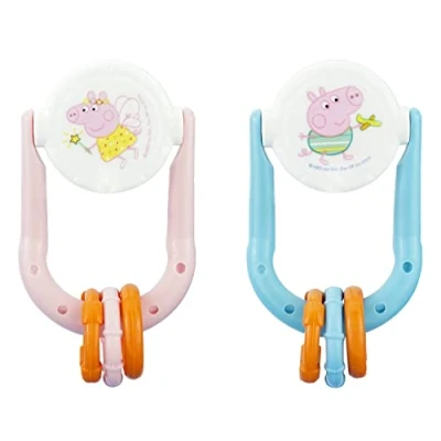 Image of 2Pcs Baby Rattle Teether Rings, Peppa and George Pig Soothing Relief, Multisensory Stimulation Toys Girls Boys Gift for Babies 3+M (Blue &amp; Pink)