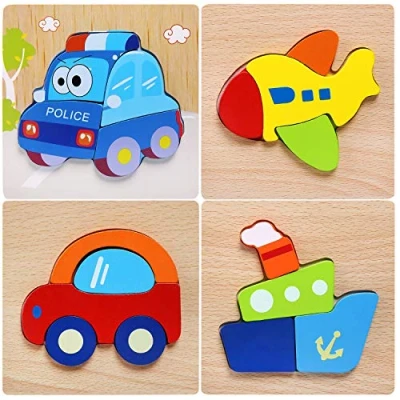 Image of Afufu Wooden Toys 4 Pack Jigsaw Puzzles for Toddlers 1 2 3 Years Old, Boys &amp; Girls Educational Gift with Vehicle Patterns, Bright Vibrant Color Shapes