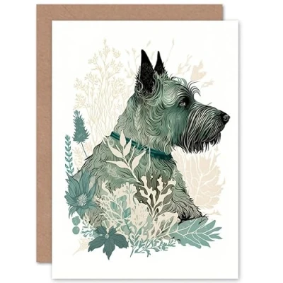 Image of Artery8 Scottish Terrier Dog Lying in Flower Field Modern Teal Tan Illustration Art Birthday Sealed Greeting Card Plus Envelope Blank inside