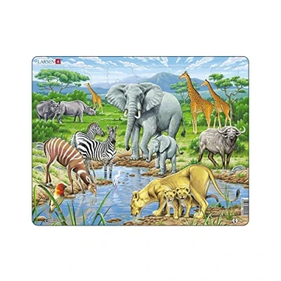 Image of Larsen FH9 African Savannah Jigsaw Puzzle for Children &amp; Adults 65 Piece Educational and Fun Boxless Tray Frame Included Made in Norway