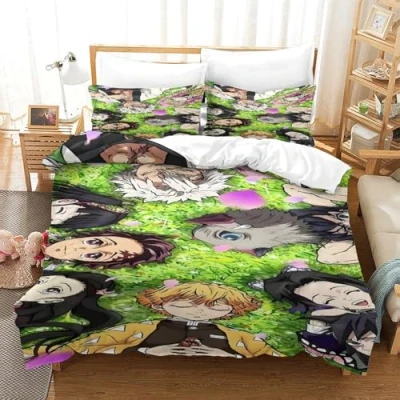 Image of GDEKCIEAS Anime 3D Demon Slayer Girls Bedding Set,3Pcs Duvet Cover with Decorative Quilt Design,Ultra Soft Comforter for Home Decor Single（140x200cm）