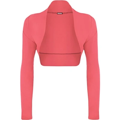 Image of WearAll Womens Plus Size Plain Long Sleeve Cropped Ladies Shrug Bolero Cardigan Top Coral 20/22