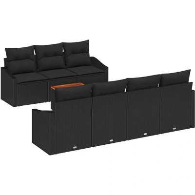 Image of vidaXL 8 Piece Garden Sofa Set with Cushions Black Poly Rattan Acacia