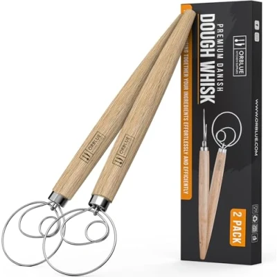 Image of ORBLUE Danish Dough Whisk 13,5&quot; Stainless Steel Hand Mixer Blender for Baking Bread, Pizza, Cake, Cookie Wooden Kitchen Food &amp; Egg Bread Making 2 Pack