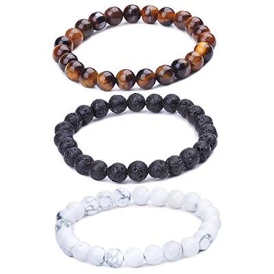 Image of Infinite U Womens Mens Buddha Bracelet 9mm Beads Wrist Mala Energy/Lava Stone Stretch Bracelet, Therapy Yoga Meditation, Brown/White/Black