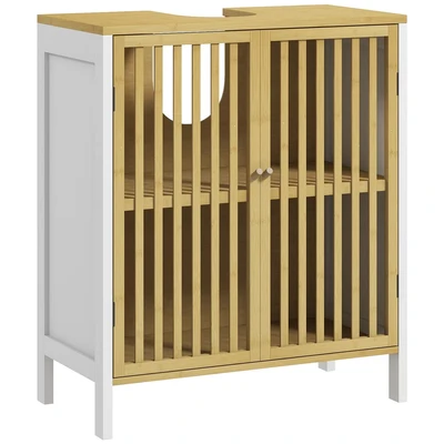 Image of HOMCOM Under Sink Bathroom Cabinet, Bamboo Storage Vanity Unit with 2 Slat Doors, Adjustable Shelf and U Shape Slot for Pipe Fit, Natural White