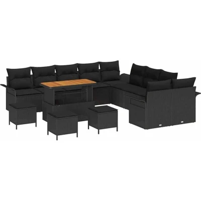 Image of vidaXL 14 Piece Garden Sofa Set with Cushions Black Poly Rattan Acacia