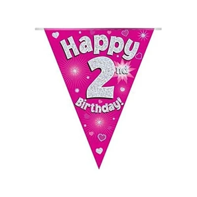 Image of Party Bunting Happy 2nd Birthday Pink Holographic 11 flags 3.9m
