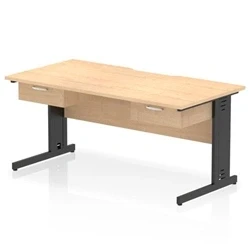 Image of Impulse 1600 x 800mm Scalloped Edge Office Desk Maple Top Black Cable Managed Leg Workstation 2 1 Drawer Fixed Pedestal