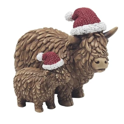 Image of Lesser &amp; Pavey Christmas Highland Cow Baby Figurine with Santa Hat 19cm x 14cm Gift Idea for Decoration Themed Décor Perfect Home Kitchen Tabletop UK Design