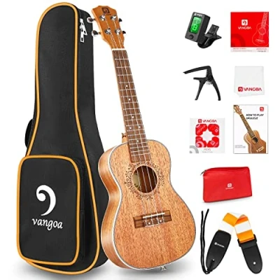 Image of Vangoa 23 Inches Concert Ukulele Solid Mahogany Acoustic Ukelele Beginner Kits with Carry Bag, Tuner, Strings, Manual, Strap, Picks
