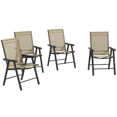 Image of Outsunny Set of 4 Folding Garden Chairs, Metal Frame Chairs Outdoor Patio Park Dining Seat with Breathable Mesh Seat, Light Brown