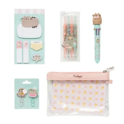 Image of Grupo Erik Pusheen Stationery Set Pencil Case with Pen, Highlighter Set, Self Adhesive Notes, Paper Clips Gifts Cat Cute