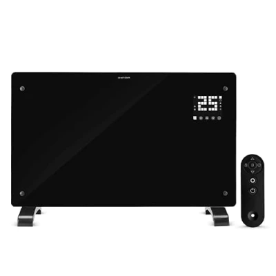 Image of Devola Wifi Enabled Smart Electric Glass Panel Heater 2000W Alexa Heating Control, Open Window Detection, Wall Mounted &amp; Free Standing Low Energy Heaters with Timer Lot 20, DVPW2000B (Black)