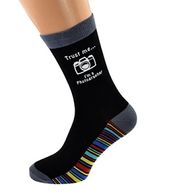 Image of Trust Me I&#039;m a Photographer Image Vinyl Print Stripey Sole Socks Adult Size UK 5 12 X6S223 030