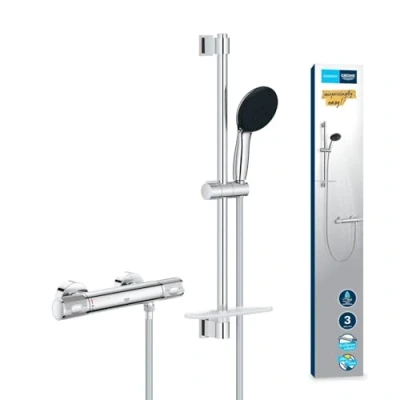 Image of GROHE Precision Feel Exposed Thermostat Shower Set (Round 11 cm Hand 3 Sprays: Rain, Jet and Massage, Hose 1.75 m, Rail with Tray 60 cm, Safety Functions, Water Saving), Chrome, 34791001