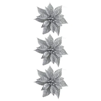 Image of Davies Clip on Glitter Christmas Silver Poinsettia Flower x 8cm Set of 3