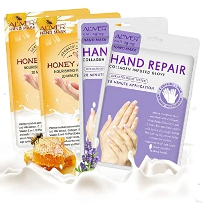 Image of CCKULOOB Hand Mask, 4 Pairs Moisturizing Mask Skin Repair Renew that Enriched with Collagen, Shea Butter, and Vitamin E to Revive Dry, Rough Cracked (2 Lavender +2 Honey)