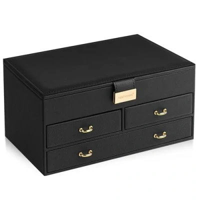 Image of ADEL DREAM Jewellery Box, 27 x 16 12 cm, with 2 Drawers, Organiser Mirror, PU (Polyurethane) Leather, Storage, for Rings, Bracelets, Earrings, Velvet Lining