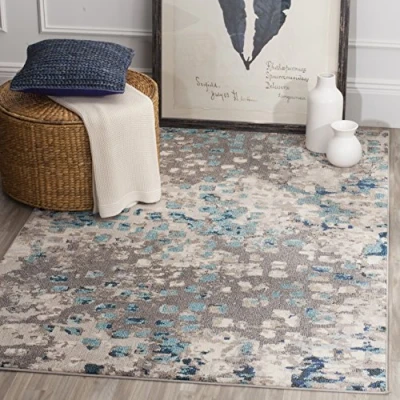 Image of SAFAVIEH Boho Chic Rug for Living Room, Dining Bedroom Monaco Collection, Short Pile, in Grey and Light Blue, 201 X 279 cm