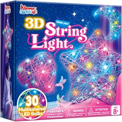 Image of Klever Kits 3D String Art Kit for Kids,Arts and Crafts Kids Ages 8 9 10 11 12,DIY Lantern Craft Set Boys Girls,Light Up Light Toywith 30 Multi Colored LED Bulbs,Christmas Birthday Gifts