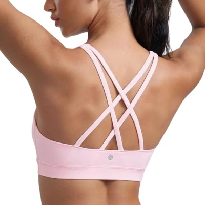 Image of CRZ Yoga Women&#039;s Strappy Back Sports Bra Mid Impact Wirefree Padded Workout Crop Top Strawberry Pink M
