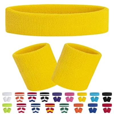 Image of FACATH Sweatband Set Yellow Sports Headband Wristband Sweatbands Terry Cloth Athletic Exercise Basketball Wrist Band Headbands Moisture Wicking Sweat Absorbing Cotton Stripped