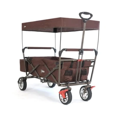 Image of FUXTEC folding/foldable wagon hand cart garden trolley carriage of children outdoor asphalt hiking trail hard ground removable canopy rear bag 4 wheels cover CT 500 Brown