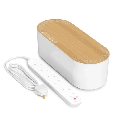 Image of D Line Cable Tidy Box with 4 socket 2m Extension Lead 13amp Surge Protected, Management Solution, TV Wire Tidy, Desk Organiser Large, White Wood Lid