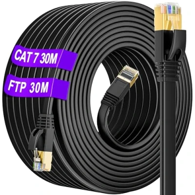 Image of Ethernet Cable 30m Cat 7 Outdoor &amp; Indoor, High Speed Internet Flat S/FTP 600MHz 10Gbps, Anti Oxidation Waterproof Long 30m, RJ45 Lan For Router/Modem/Switch (30 Clips)