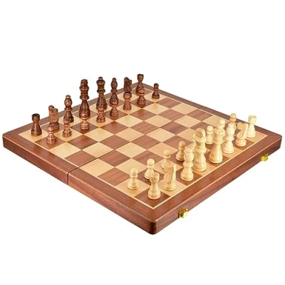 Image of M.Y Premium 15&quot; Wooden Magnetic Chess Set Traditional Board Game with Draughts for Kids &amp; Adults
