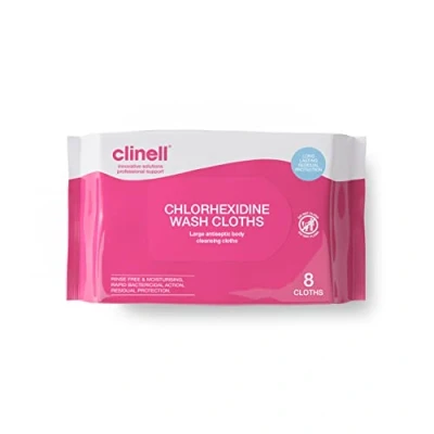 Image of Clinell Chlorhexidine Wash Cloths Pack of 8 Body Wipes, Rinse Free Solution, Kills Bacteria, Dermatologically Tested for Patients, Elderly &amp; Disabled Pink