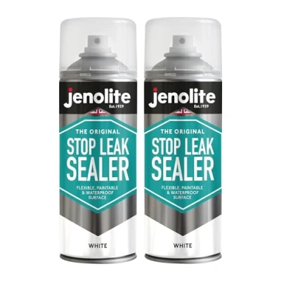 Image of JENOLITE Stop Leak Sealer Spray WHITE 2 x 400ml for Gutters and Flat Roofs Waterproof Gutter Sealant Fills, Seals &amp; Stops Leaks Long Lasting