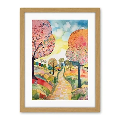 Image of Artery8 Countryside Path With Blooming Flowers And Trees Folk Art Landscape Watercolour Painting Artwork Framed Wall Print 18X24 Inch