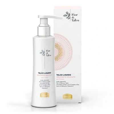 Image of Helan, Fior di Talco, Liquid Talcum Powder, Moisturising Body Cream for Soft and Nourishing Skin Light, Fresh, Antioxidant, Non Greasy Enriched with Hyaluronic Acid, Oils Vitamin E 200 ml