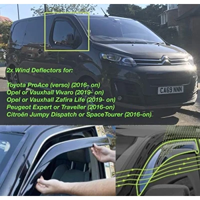 Image of 2 Wind Deflectors made for Citroen Dispatch Jumpy SpaceTourer Peugeot Expert Traveller Toyota ProAce (Verso) Vauxhall Vivaro Zafira Life 2016 2017 2018 2019 2020 2021 2022 Rain Guard Sun Visor