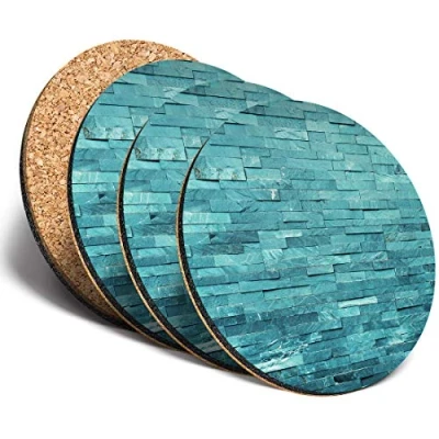 Image of Destination Vinyl ltd Great Coasters (Set of 4) Round Teal Stone Wall Interior Design Drink Glossy Coasters/Tabletop Protection for Any Table Type #15835