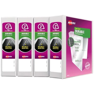 Image of Avery Durable View Binder, 2&quot; Slant Rings, 500 Sheet Capacity, DuraHinge, White, Multi Pack of 4 (17032)